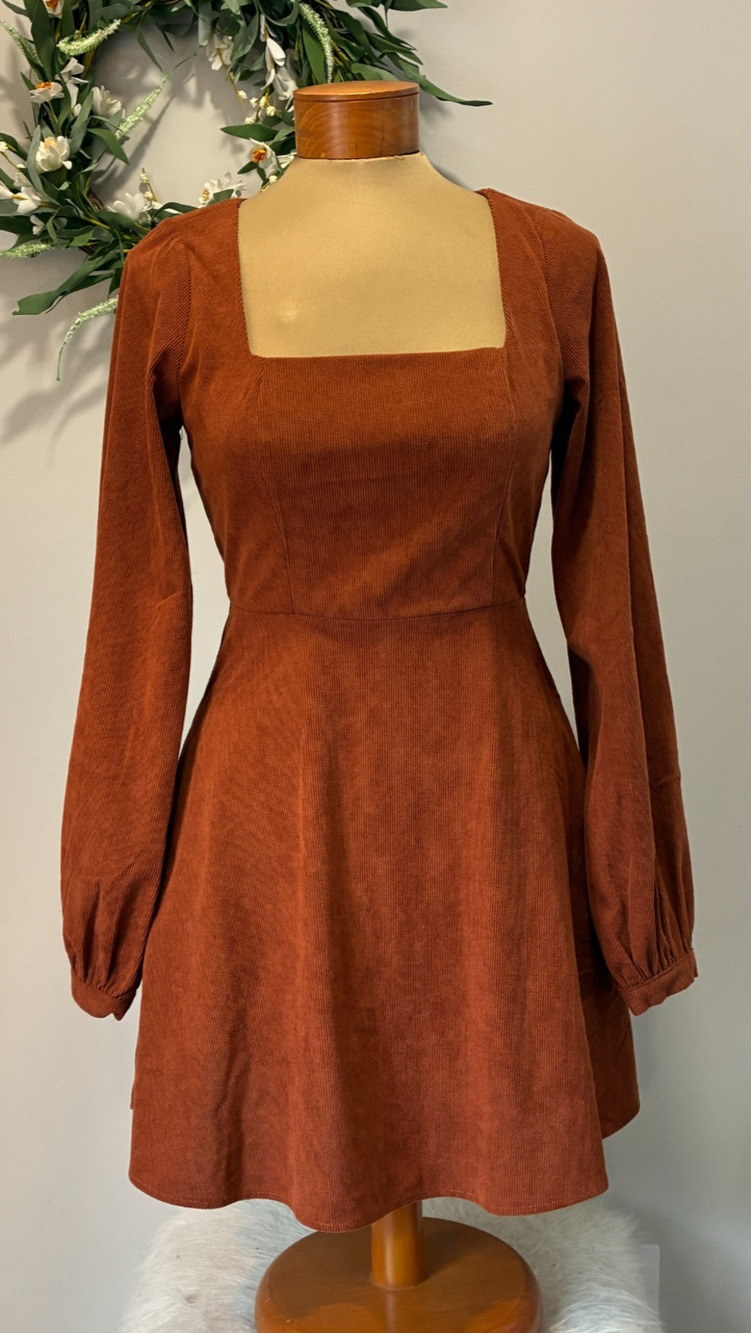 Audrey Parks Francesca’s Rust Orange Corduroy Square Neck Mini Dress, Size S